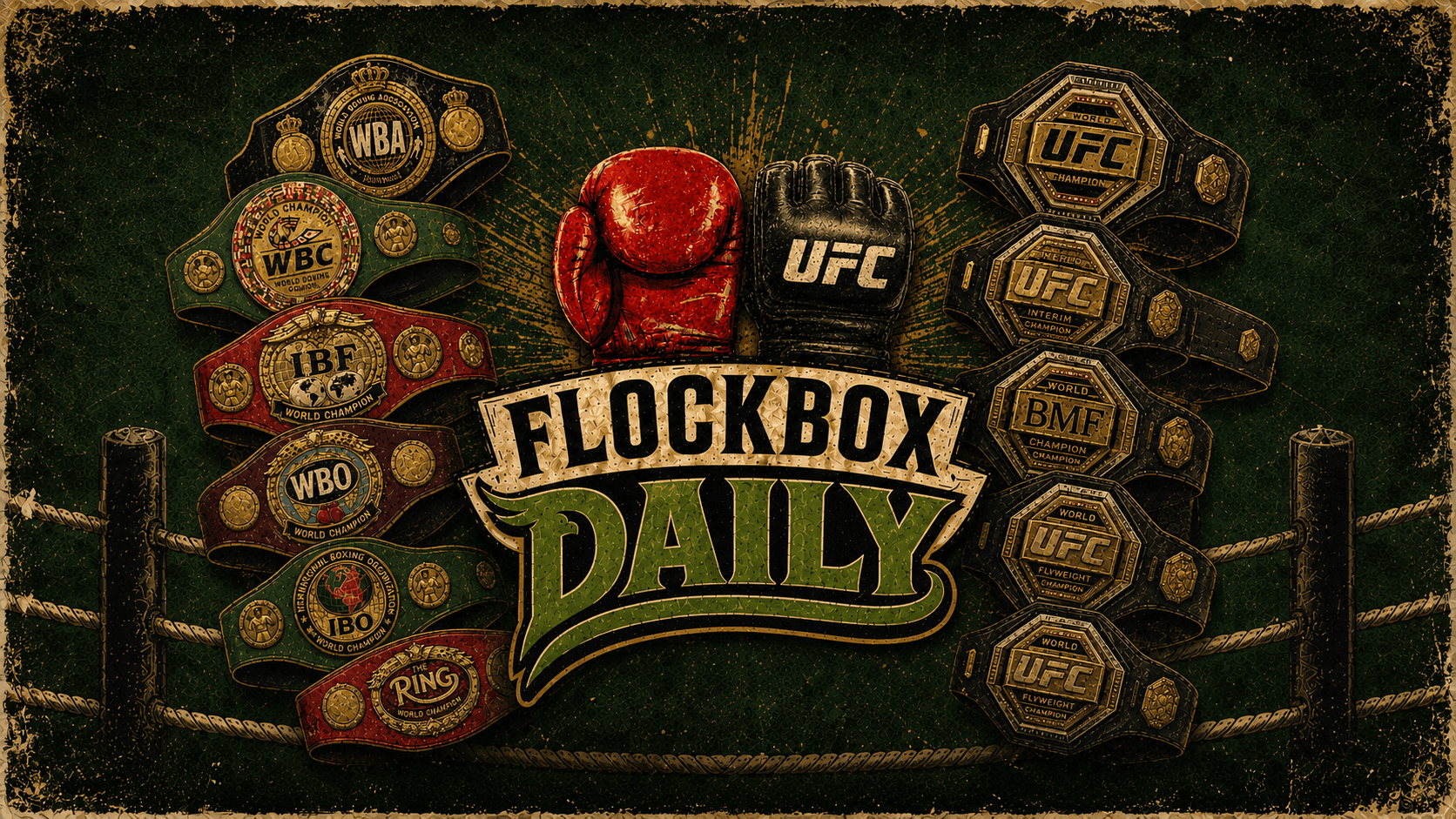 Championship belts surrounding the FlockBox Daily mark